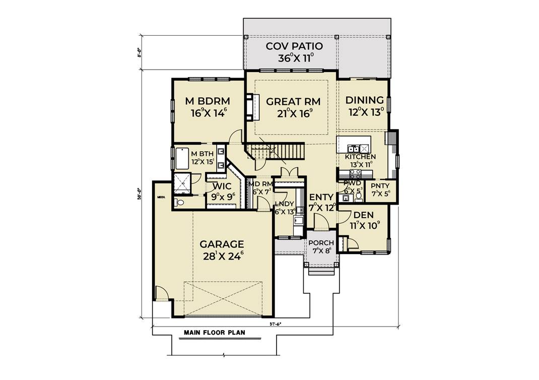 1st Floor Plan image of Cont. Farmhouse 819 House Plan