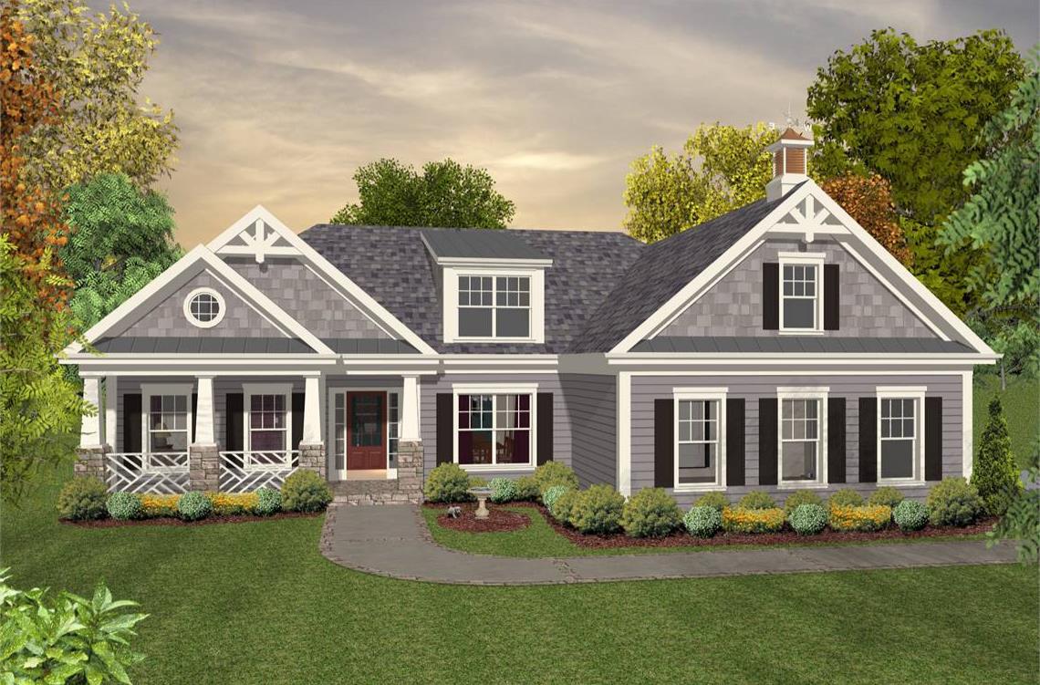 Beautiful Front Elevation at Dusk image of The Falls Church House Plan