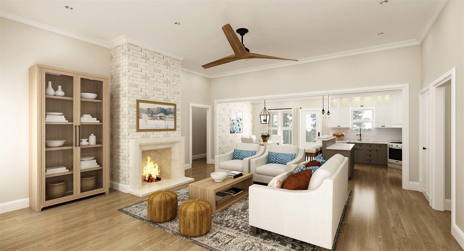 Open-Concept Living with Eldorado Stone Fireplace image of Stonebrook House Plan