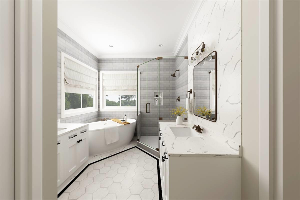 Gorgeous Master Bath with Separate Vanities & Soaking Tub image of Stonebrook House Plan